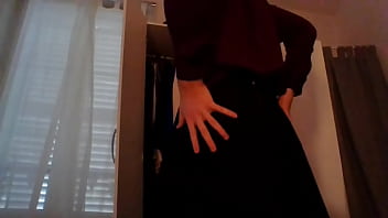 Young amateur cross dresser secretary teasing in sexy blouse and cute black skirt back from the office