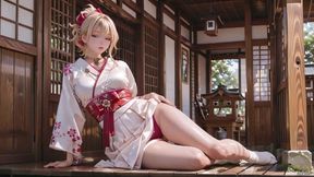 Blonde Kimono Girl! Forbidden Contrast From Shrine to Pure White Bed, Half-unbuttoned, Fingertips Trembling