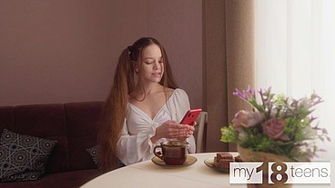 MY18TEENS - Cute girl Nika Flamy with long hair affectionately plays with her tight pussy