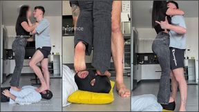 Alpha couple kisses while standing on the cuckold feet (Cuckold, Couple, Feet, Mistress)