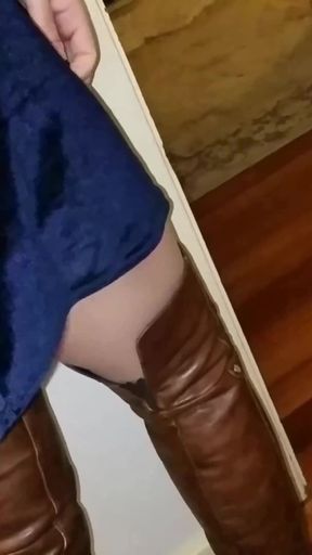 Femboy Dani Moves Around Curvy Legs in Tan Pantyhose