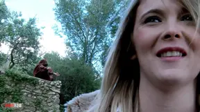 Young french blonde Cristal Bardzo fucked by a monk in the woods