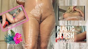 Plastic fetish, horny pussy