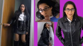 eRica catches her boyfriend trying to jerk off on her leather jacket, sucks cock and gets cum on her face and her shiny leather jacket helping him get his release!!