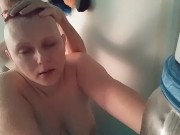 Chubby bald girl shaved while giving head, fucked after