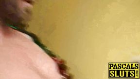 Naughty blonde chick Saskia gets deepthroated by bad Santa with big toy