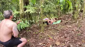 Hidden voyeur spies on lesbian action in the woods