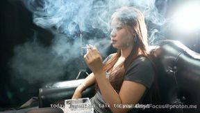 Confident Smoking Girl Deep Inhales Thick Clouds in Leather Chair — XZ1 4K