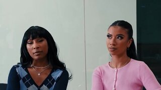 Licking her backside behind boss' back in a hot lesbo vid