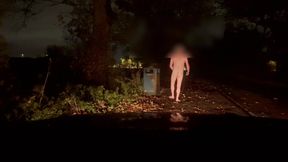 Wanking naked barefoot in road . Hiding in the field and infront of car so not caught by traffic