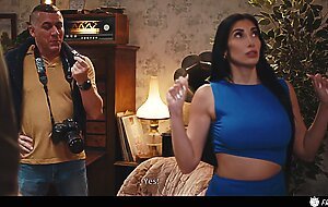 French Brunette with Fake Enhanced Huge Boobs Gets Her Nipples Sucked while Frozen in Time