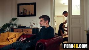 Innocent cutie's taboo affair with her boyfriend's muscular dad
