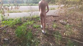 Guy jerks off his big cock in the stadium