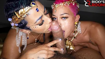 Ebony goddesses Jasamine Banks and Ms Sapphire pleasure a huge cock