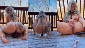 heavily tattooed pawg milf justa barbi rides bbc dildo on outdoor porch - big ass bouncing, ass spreading & creamy orgasm (5:53)