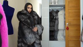 Gigi in huge full lenght silver fox coat