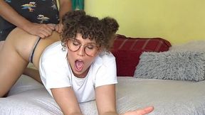 Curly MILF wears different glasses while being drilled in a doggystyle