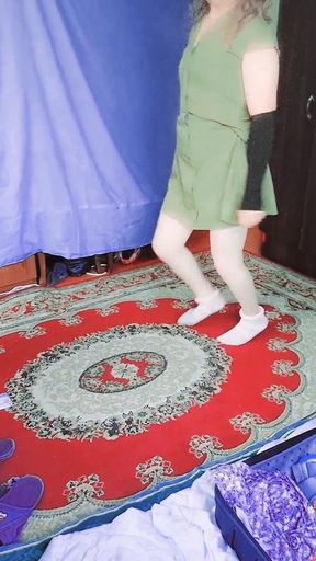 Green Sexy Mini House Dress Shemale Big Butt Sissy Big Ass Tranny Booty Crossdresser