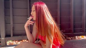 Italian Milf Artemisia Love hot solo smoking session outdoor long hair fetish