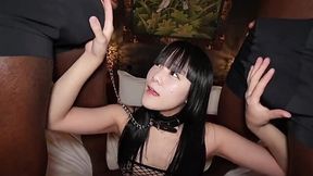 Skinny petite Asian girl on a collar gets all of her hole destroyed by two BBC guys