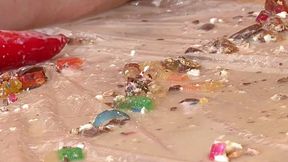 Blonde bitch pissing and trampling food while maasturbating