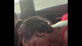 Ebony babe sucks huge BBC by the lake