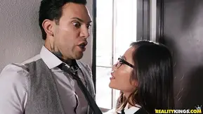 Exotic college TA with glasses fucked hard by tattooed dude