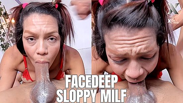 Milf swallows two friends' whole cocks