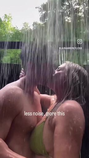 Busty babe gets wet in a steamy shower during vacation