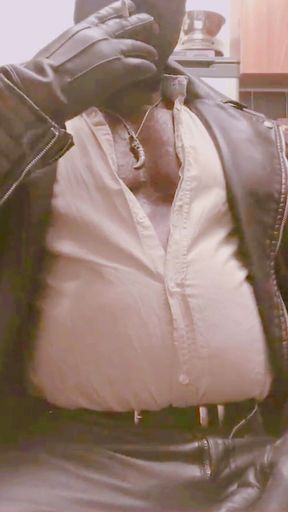 Masked Leather Attired Nipple Play Bloated Belly Smoke