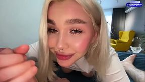 Chubby teen blonde sucks and rides cock deepthroat POV
