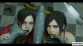 Ada Wong and Claire Redfield get monster cock in Resident Evil horror gangbang
