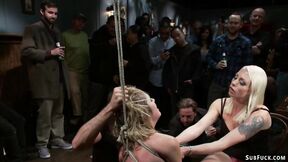 Blonde slave gangbang in public