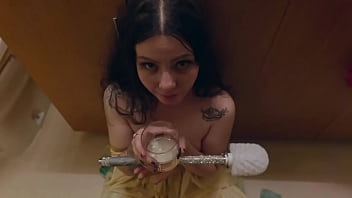 Petite submissive with fat ass serves her sadistic dom in the bathroom -- rough anal, face fucking, piss drinking, and cum bukkake play