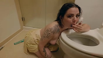 Petite submissive with fat ass serves her sadistic dom in the bathroom -- rough anal, face fucking, piss drinking, and cum bukkake play