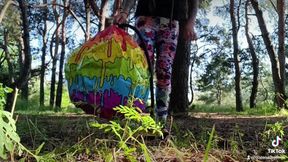 feet pump blow beachball in forest