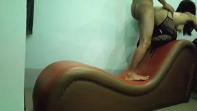 Hot wife with fishnet stocking hardcore sex on sex sofa