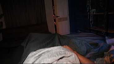 Slim stepsister shares bed with her shy stepbrother on a dark night