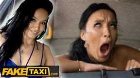Watch this hot Asian babe with brown eyes get her tight pussy stretched in a taxi