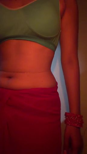 Curvy solo amateur in a red saree gets naked for some hot webcam fun