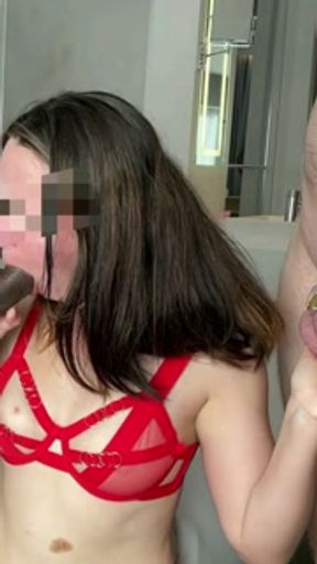 amateur hotwife sucking on BBC cock next to her chastity cuck