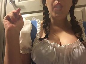 Chubby Brunette Dorothy from Wizard of Oz Smoking Costume Cosplay Pigtails
