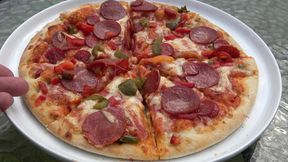 Mature wife serves saggy mounds on pizza plate
