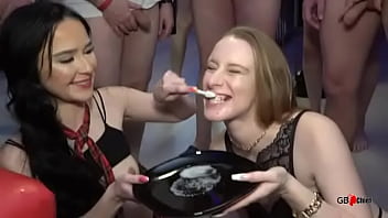 Bukkake cum play swallow eat session with two hot girls