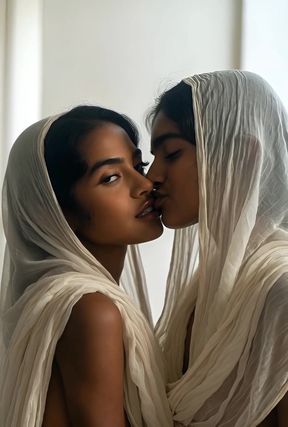 Skinny Indian teens share a kiss with their slim friend