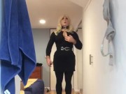 Brigitte's Black dress (trans, crossdress, mask, female mask, fetish, blonde, pantyhose, high heels)