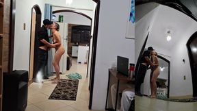 Real wife cheats on her husband while he&#039;s wearing headphones with the delivery man.