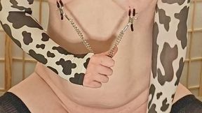[VERTICAL] Pathetic Caged Trans Cow Tugs On Her Nipple Clamps