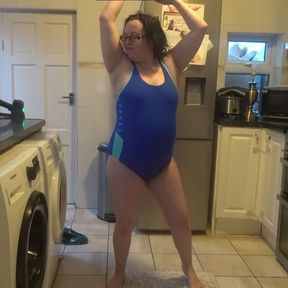 Wife with Big Breasts Dancing in Tight Blue Swimsuit