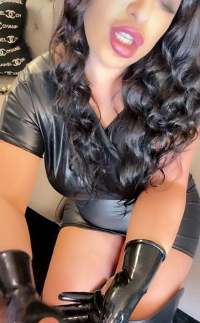 Jerking the Slave Cock with Latex Gloves